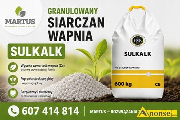 Anonse - NAWOZY, mineralne, Sulkalk - granulowany siarczan wapnia Posiadamy w sprzedaży łatwo przyswajalny dla roślin granulowany siarczan wapnia. Na Anonse NAWOZY, mineralne, Sulkalk - granulowany siarczan wapnia Posiadamy w sprzedaży łatwo przyswajalny dla roślin granulowany siarczan wapnia. Na