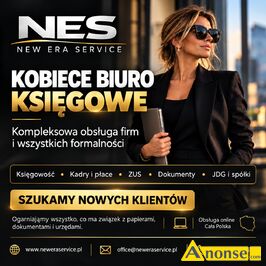 Anonse BIURO RACHUNKOWE, NES – New Era Service to kobiece biuro ksi�gowe, kt�re kompleksowo wspiera firmy w codziennych formalno�ciach i prowadze